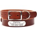 Mimi Green Leather with Personalized Name Plate Dog Collar, Brown, Small 3/4"
