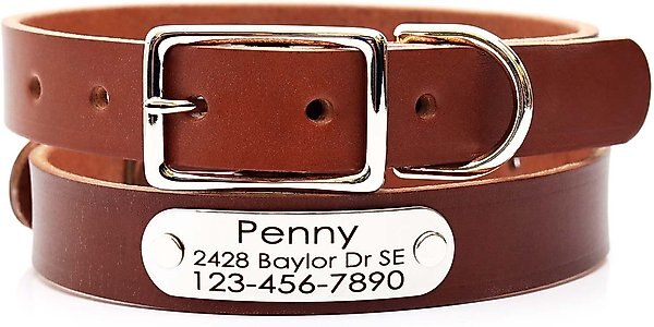Mimi Green Leather with Personalized Name Plate Dog Collar, Brown, Large 1" slide 1 of 6