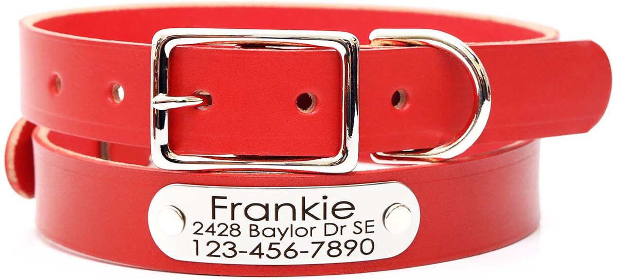 MIMI GREEN Leather with Personalized Name Plate Dog Collar, Red, Medium