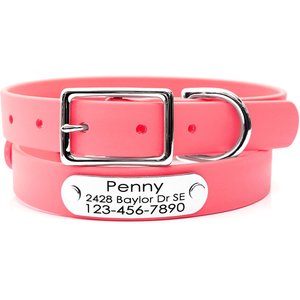 Mimi Green Waterproof with Riveted Name Plate Dog Collar, Coral Pink, Small 5/8"