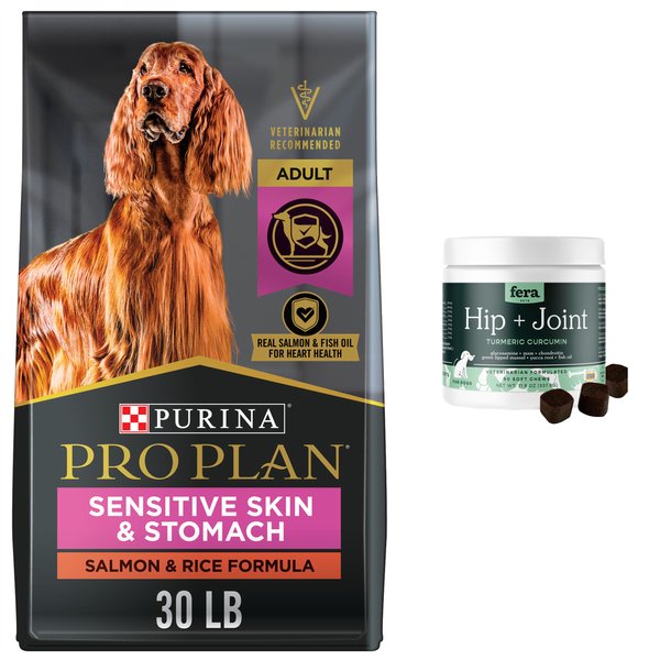 Fera Pet Organics Hip & Joint Soft Chew Dog Supplement + Purina Pro Plan Sensitive Skin & Stomach Salmon & Rice Dry Dog Food slide 1 of 9