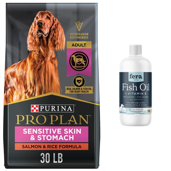 Fera Pet Organics Fish Oil + Vitamin E Dog Supplement + Purina Pro Plan Sensitive Skin & Stomach Salmon & Rice Dry Dog Food slide 1 of 9