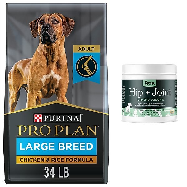 Fera Pet Organics Hip & Joint Soft Chew Dog Supplement + Purina Pro Plan Large Breed Chicken & Rice Dry Dog Food slide 1 of 9
