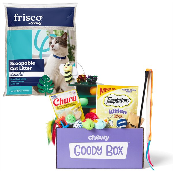 Goody Box Kitten Toys & Treats + Frisco Multi-Cat Unscented Clumping Clay Cat Litter, 40-lb bag slide 1 of 9