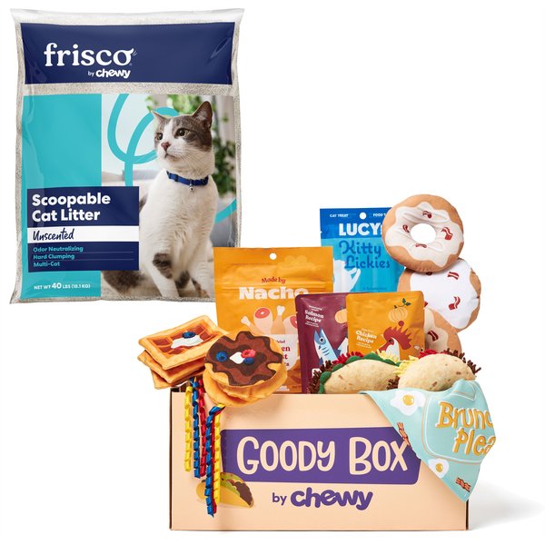 Goody Box Foodie Cat Toys, Treats, & Bandana + Frisco Multi-Cat Unscented Clumping Clay Cat Litter, 40-lb bag slide 1 of 9