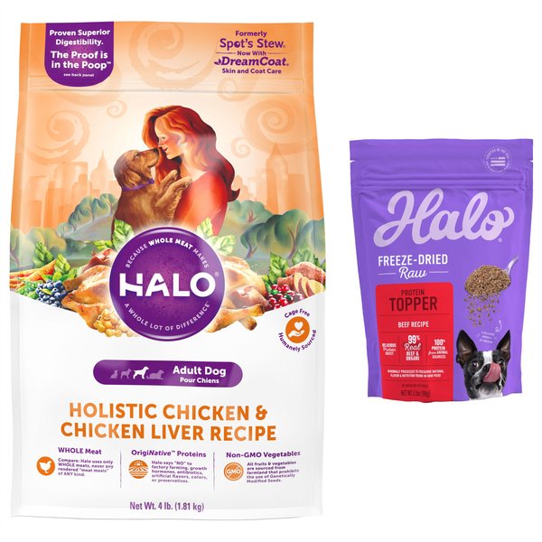 Halo Holistic Chicken & Chicken Liver Dry Food, 4-lb bag + Beef Protein Freeze-Dried Raw Dog Food Topper slide 1 of 9