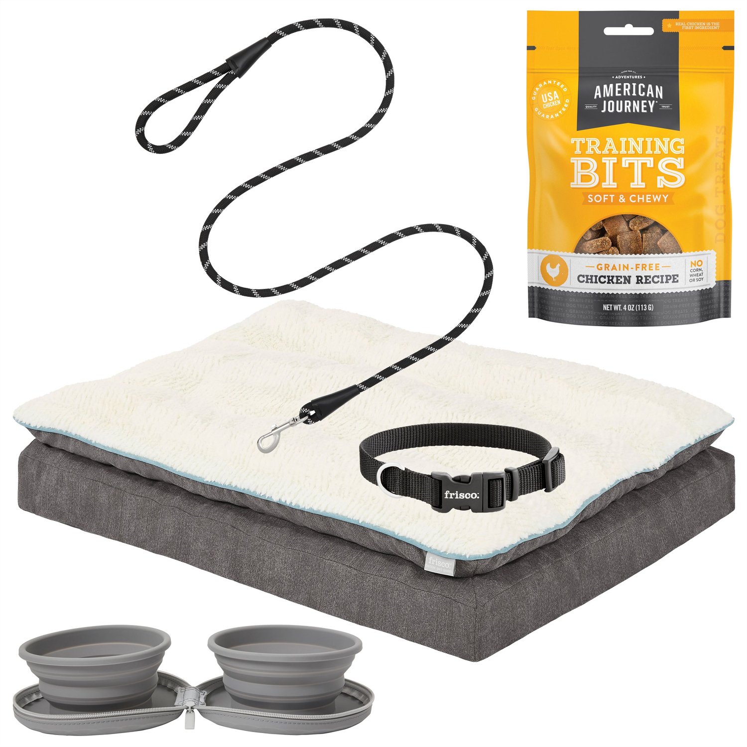 Bundle: Starter Kit - Frisco Plush Orthopedic Pillowtop Dog Bed w/Removable Cover, Gray, Large + 4 other items