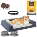 Starter Kit - Frisco Heathered Woven Orthopedic Sofa Bolster Dog Bed w/Removable Cover, Gray, XX-Large + 4 other items