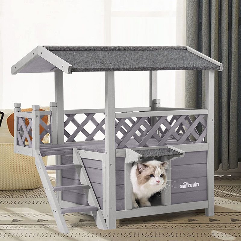 Aivituvin Outdoor Cat House Weatherproof Wooden Kitty Condo Indoor Shelter 