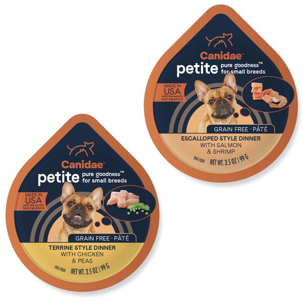 CANIDAE PURE Petite Small Breed Terrine Style Dinner with Chicken & Peas + Small Breed Escalloped Style Dinner with Salmon & Shrimp Wet Dog Food Trays slide 1 of 9