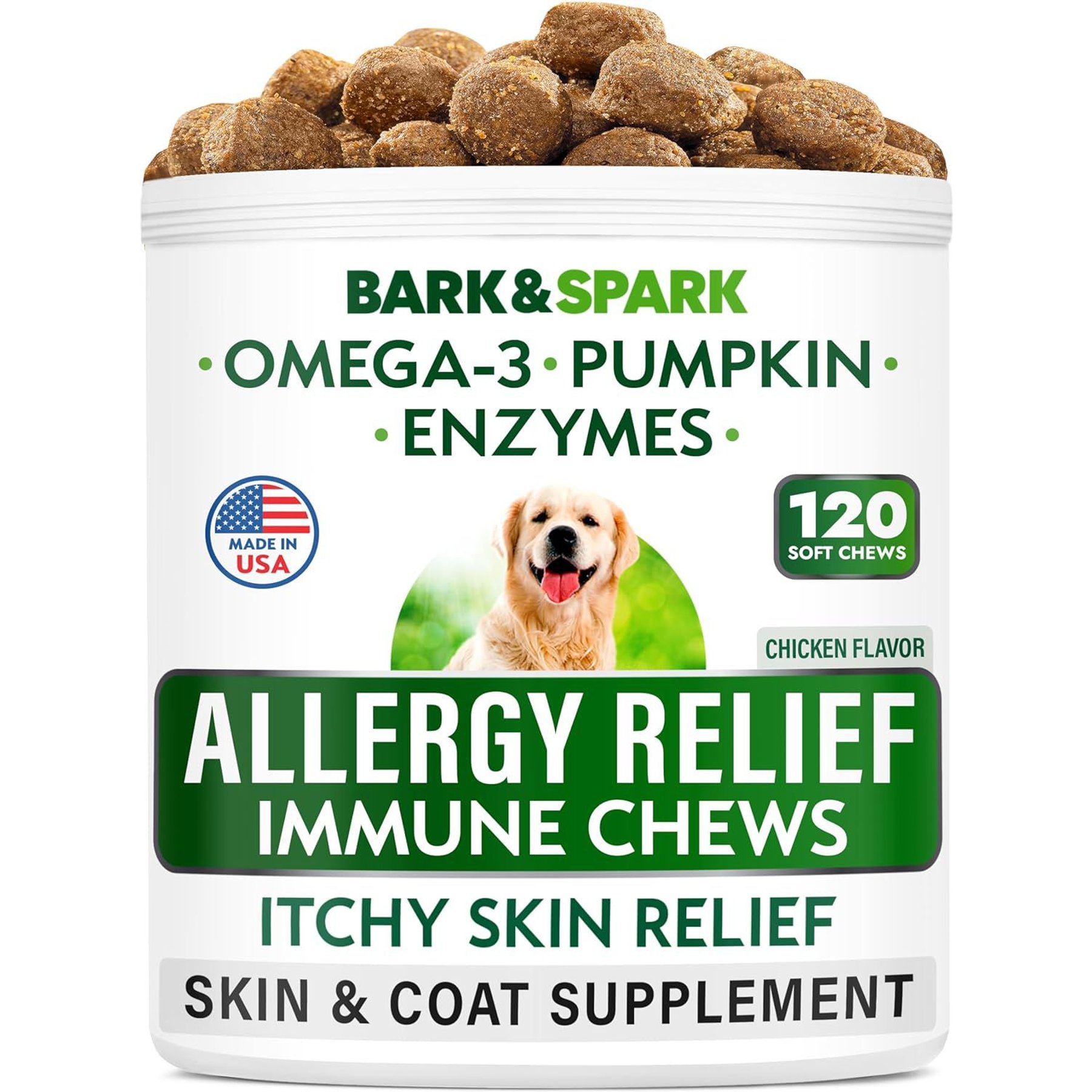 BARK SPARK Allergy Relief Omega 3 Anti Itch Chicken Flavor Dog Chew 120 count Chewy