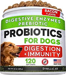 StrellaLab Dog Probiotics Enzymes Prebiotics Fiber Digestive Supplement Bacon Flavor, 120 count