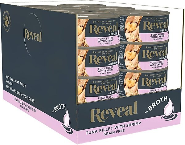 Reveal Natural Grain-Free Tuna Fillet with Shrimp in Broth Flavored Wet Cat Food, 2.47-oz can, case of 24 slide 1 of 7