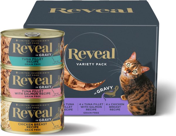 Reveal Natural Grain-Free Variety of Fish & Chicken in Gravy Flavored Wet Cat Food, 2.47-oz can, case of 12 slide 1 of 7
