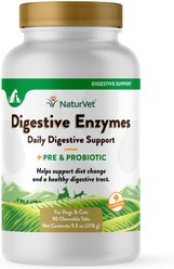 NaturVet Digestive Enzymes Plus Probiotic Chewable Tablets Digestive Supplement for Cats & Dogs, 90 count