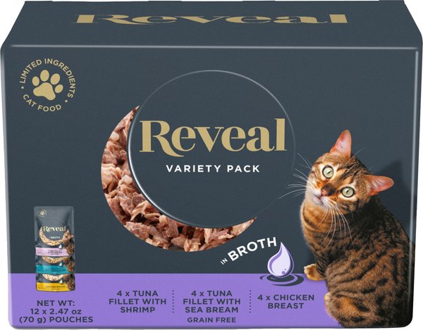 Reveal Natural Grain-Free Fish & Chicken Broth Flavored Variety Pack Wet Cat Food, 2.47-oz pouch, case of 12 slide 1 of 7