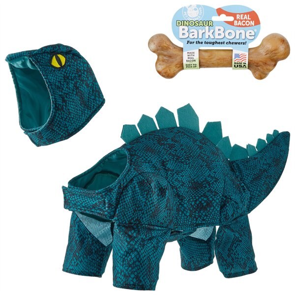 Frisco Stegosaurus Dinosaur Dog & Cat Costume, XXX-Large + Pet Qwerks Dinosaur BarkBone Bacon Flavor Tough Dog Chew Toy, X-Large slide 1 of 9