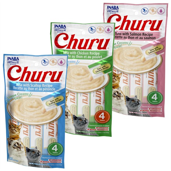 Variety Pack - Inaba Churu Grain-Free Tuna with Scallop Puree Lickable Cat Treat, 0.5-oz tube, pack of 4, Tuna with Scallop & Tuna with Chicken Flavors slide 1 of 10