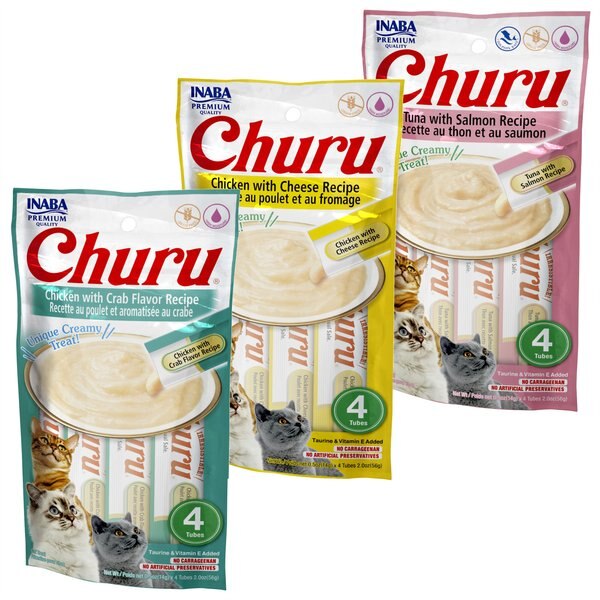 Variety Pack - Inaba Churu Grain-Free Tuna with Salmon Puree Lickable Cat Treat, 0.5-oz tube, pack of 4, Chicken with Cheese & Chicken with Crab Flavors slide 1 of 10