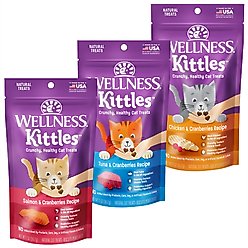 Variety Pack - Wellness Kittles Natural Grain-Free Chicken & Cranberries Crunchy Cat Treats, 2-oz bag, Tuna & Cranberries and Salmon & Cranberries Flavors
