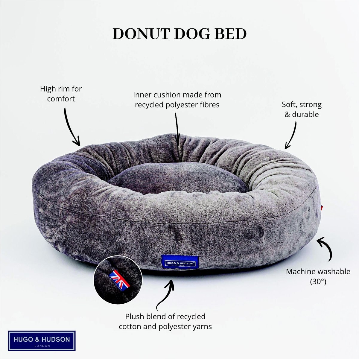 HUGO & HUDSON Donut Dog Bed, Grey, 80cm
