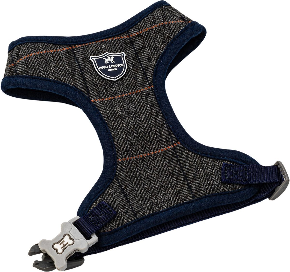HUGO & HUDSON Checked Herringbone Tweed Dog Harness, Grey, Small