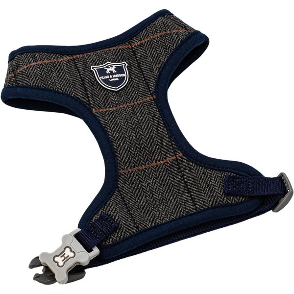 HUGO & HUDSON Checked Herringbone Tweed Dog Harness, Grey, Small