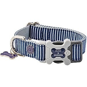 HUGO & HUDSON Nylon Striped Bone Buckle Dog Collar, Navy, X-Small