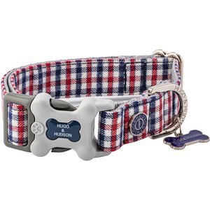 HUGO & HUDSON Nylon Bone Buckle Dog Collar, Navy & Red, Small