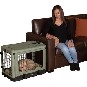 Pet Gear The Other Door Double Door Collapsible Wire Dog Crate & Plush Pad, Sage, 27 inch