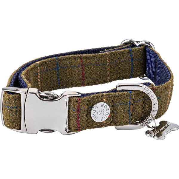 HUGO & HUDSON Checked Tweed Metal Buckle Dog Collar, Dark Green, Small