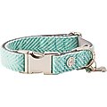HUGO & HUDSON Herringbone Tweed Metal Buckle Dog Collar, Aqua, Medium