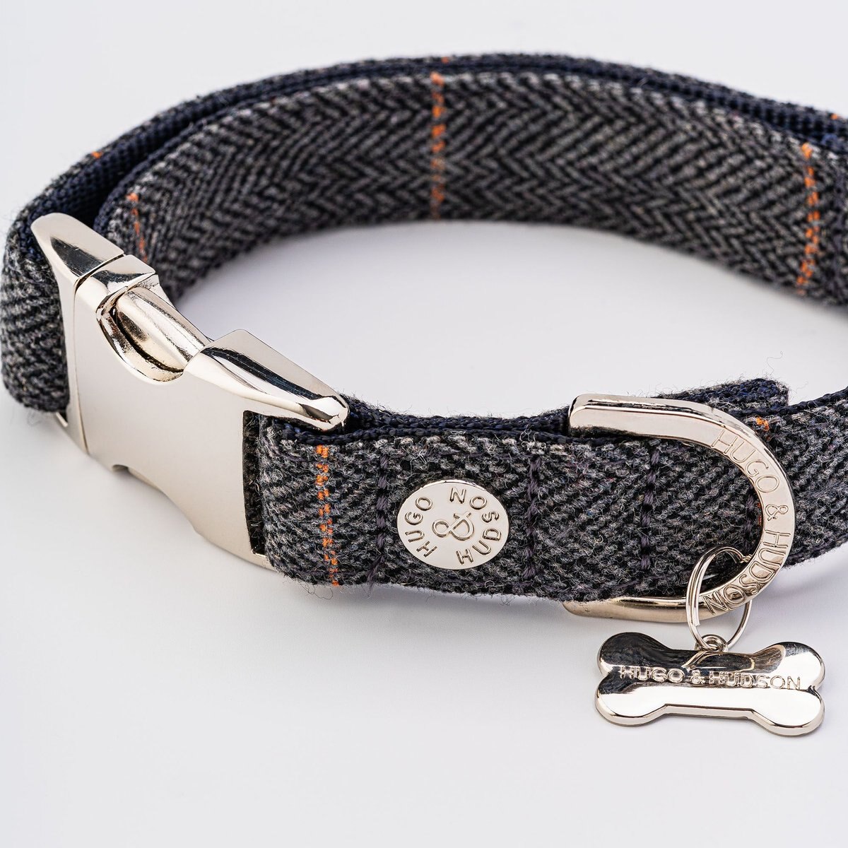 HUGO & HUDSON Checked Herringbone Tweed Metal Buckle Dog Collar, Grey