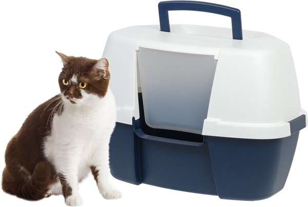 IRIS USA Hooded Corner Cat Litter Box with Front Door Flap, Navy ...