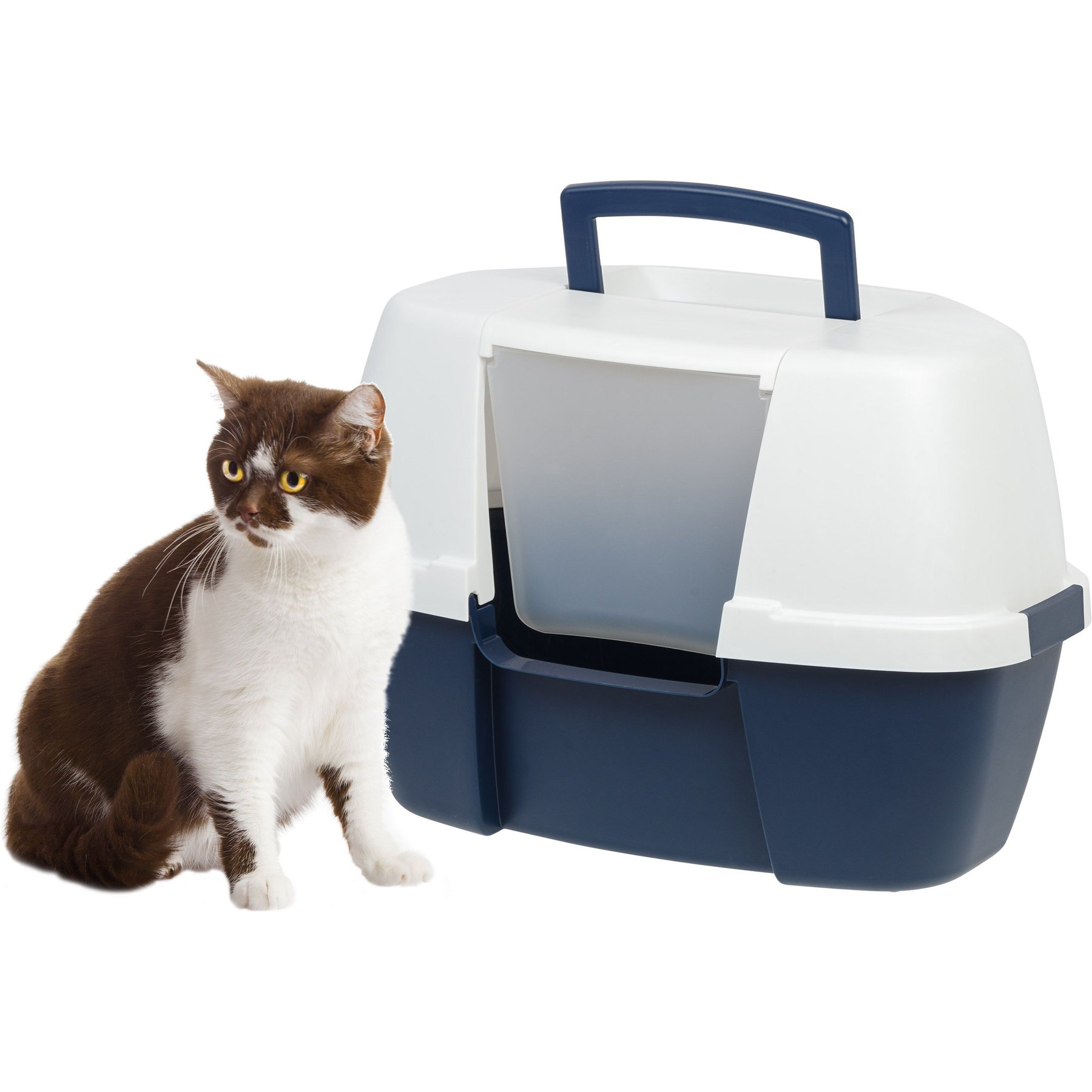 IRIS USA Hooded Corner Cat Litter Box with Front Door Flap, Navy ...