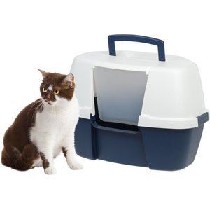 IRIS USA Hooded Corner Cat Litter Box with Front Door Flap, Navy