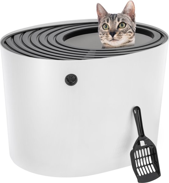 IRIS USA Top Entry Cat Litter Box with Scoop, White/Black, Large