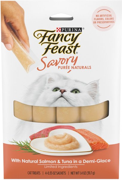 Fancy Feast Savory Puree Naturals Salmon & Tuna Flavored in a Demi-Glace Squeezable Adult Cat Treats, 0.35-oz tube, case of 4 slide 1 of 10