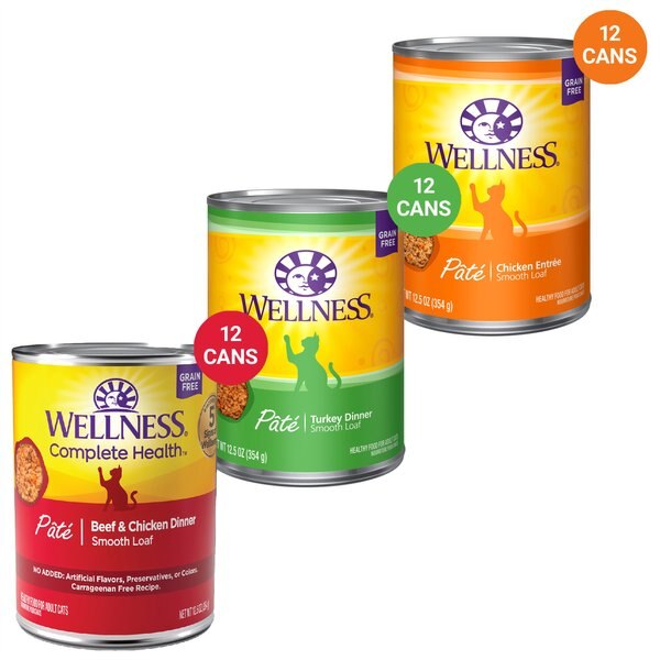 Variety Pack - Wellness Complete Health Adult Beef & Chicken Formula Grain-Free Canned Cat Food, 12.5-oz, case of 12, Chicken & Turkey Flavors slide 1 of 8
