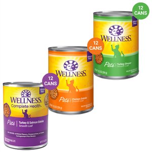 Variety Pack - Wellness Complete Health Pate Chicken Entree Grain-Free Canned Cat Food, 12.5-oz, case of 12, Turkey & Salmon and Turkey Flavors