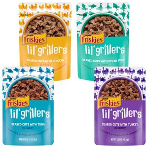 Variety Pack - Friskies Lil' Grillers Seared Cuts With Turkey In Gravy Wet Cat Food, 1.55-oz pouches, case of 16, Chicken, Ocean Fish & Tuna Flavors
