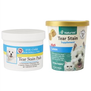 NaturVet Tear Stain Plus Lutein Soft Chews Vision Supplement + Miracle Care Eye Clear Cleaning Pads for Dogs & Cats, 90 count