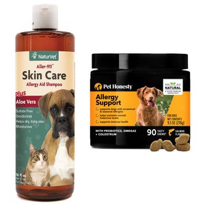 PetHonesty Allergy Support Salmon Flavored Soft Chews Allergy Supplement for Dogs + NaturVet Aller-911 Allergy Aid Skin Care Plus Dog & Cat Shampoo, 16-oz bottle