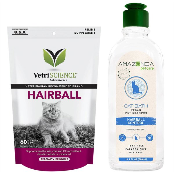 VetriScience Hairball Chicken Liver Flavored Soft Chews Hairball Control Supplement + Amazonia Bath Hairball Control Cat Shampoo, 16.9-oz bottle slide 1 of 6