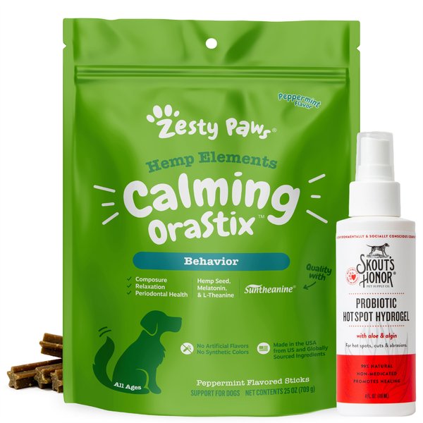 Zesty Paws Hemp Elements Calming OraStix Peppermint Flavored Dental Chews Calming Supplement for Dogs + Skout's Honor Probiotic Hot Spot Hydrogel, 4-oz bottle slide 1 of 9