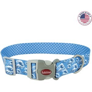 Sublime Adjustable Dog Collar, Blue Waves with Blue Checkers, Small: 8-12-in neck, 3/4-in wide