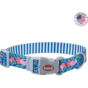 Sublime Adjustable Dog Collar, Flower Teal Stripe, Small: 8-12-in neck, 3/4-in wide