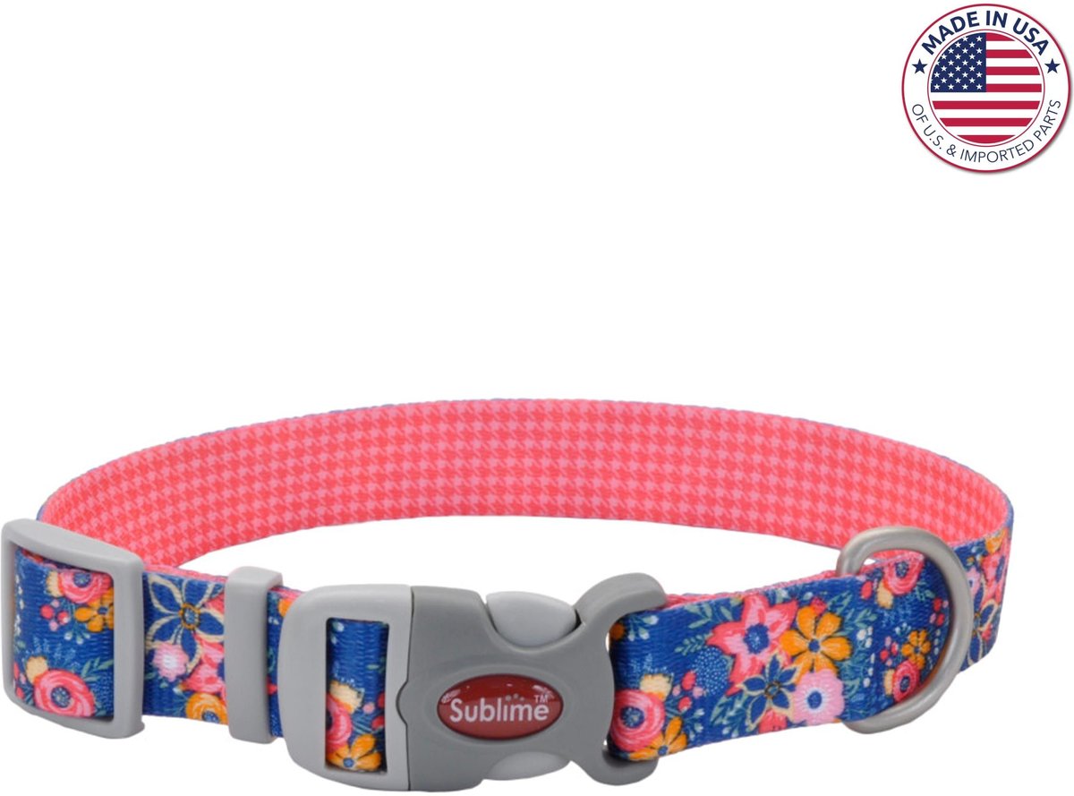 SUBLIME Adjustable Dog Collar, Pink & Orange Flowers on Navy, Small:  8-12-in neck, 3/4-in wide 