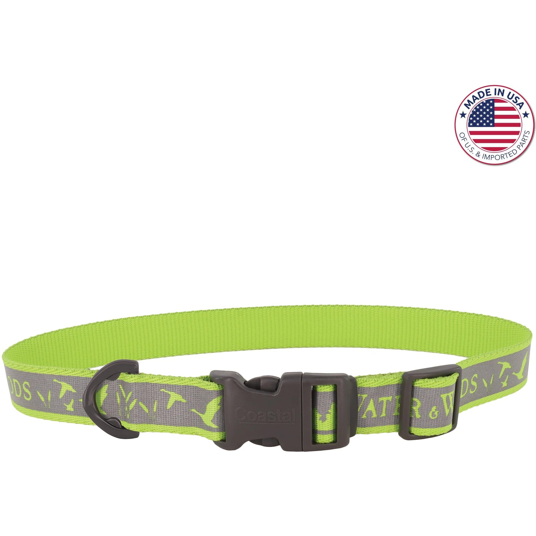 WATER & WOODS Adjustable Reflective Dog Collar, Water & Woods Lime, Medium:  14-20-in neck, 1-in wide 