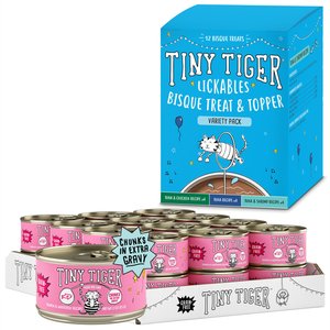 Tiny Tiger Chunks in EXTRA Gravy Salmon & Whitefish Canned Food + Lickables Variety Pack Bisque Cat Treat & Topper